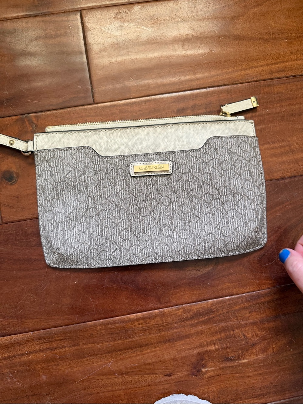 Calvin Klein Gray Monogram Wristlet with Cream Trim